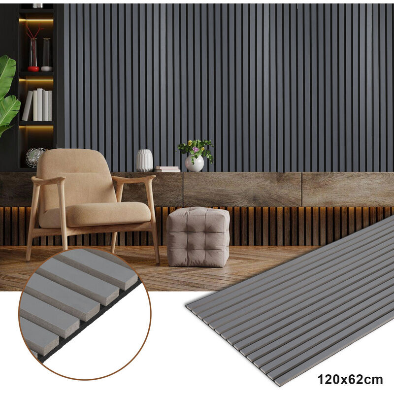 Panneau tasseau mdf Revêtement mural naturel Panneau mural acoustique moderne en placage bois et feutre 120x60x2.1cm Gris - Tolletour