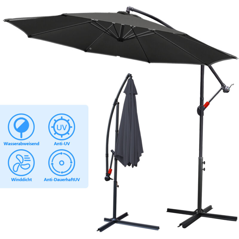 Parasol en aluminium 300cm avec manivelle protection uv 30+ parasol de jardin réglable en hauteur (gris) - Tolletour