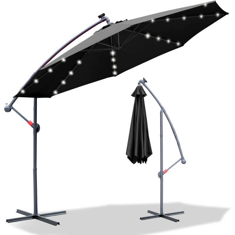 Parasol avec led avec manivelle résistant aux intempéries 350 cm x 350 cm acier polyester gris - Tolletour