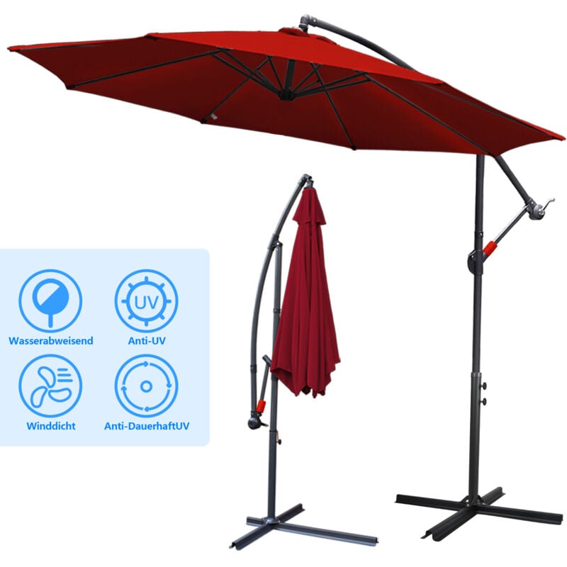 Tolletour - Parasol 350 cm - parasol jardin parasol de balcon Rouge - Rouge