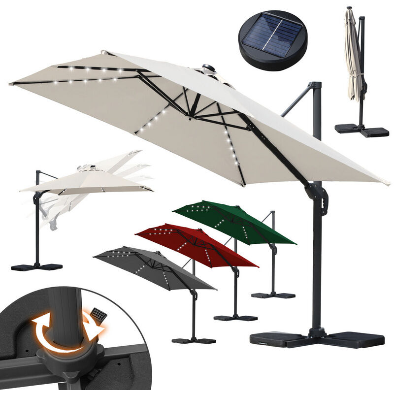 Tolletour - Parasol jardin déporté, Parasol Parapluie - Alu - 360° rotatif - 3 x 3 m - avec led - Beige