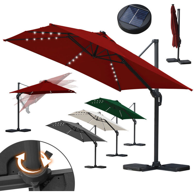 Tolletour - Parasol jardin déporté, Parasol Parapluie - Alu - 360° rotatif - 3 x 3 m - avec led - Rouge