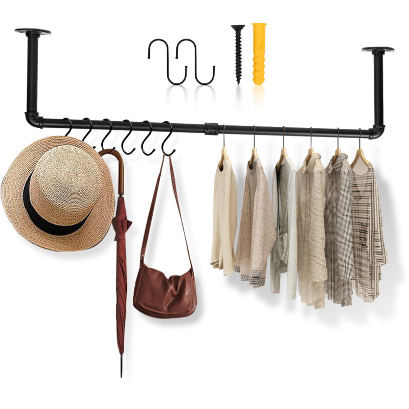TolleTour Portemanteau Mural, Barres de Suspension pour vêtements, Imitation Tuyau, Style Industriel, 92 x 30 cm, Charge 65 kg, Montage Facile, Noir