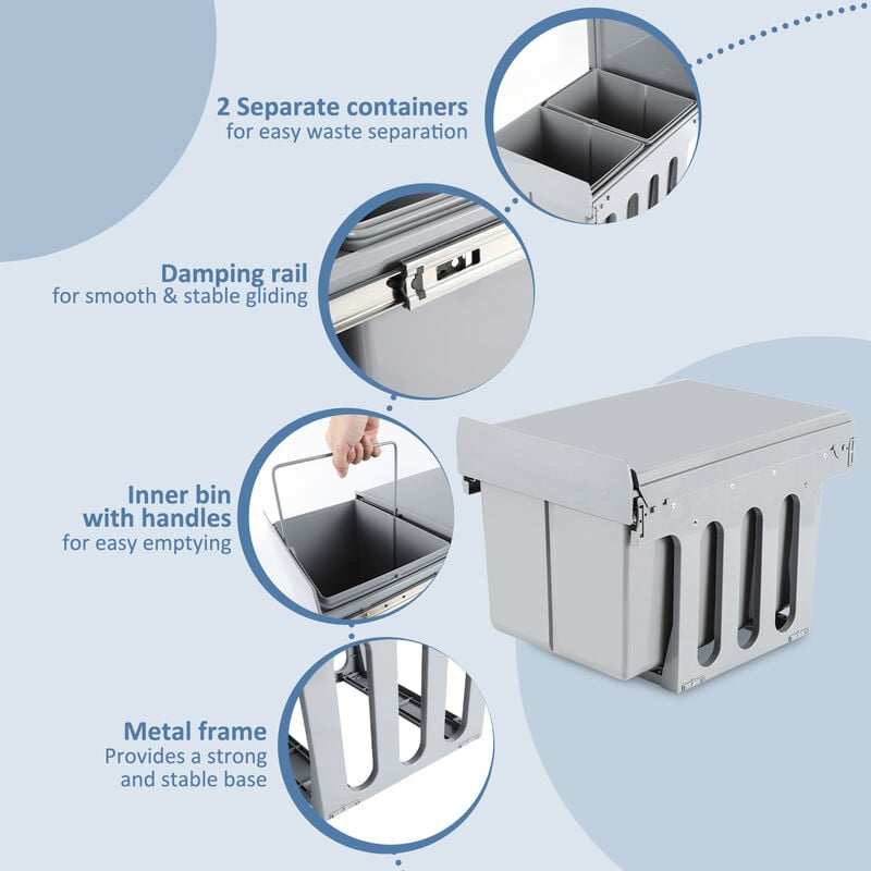 Tolletour - Poubelle coulissante cuisine. 2 bacs 30L (2x15L). Poubelle de encastrable. Poubelle amovible fermeture en douceur
