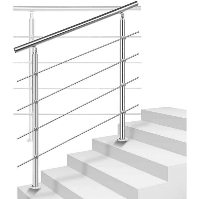 Rampe d'escalier acier inoxydable main courante balustrade Garde-corps argenté 100 cm 4 crossbars