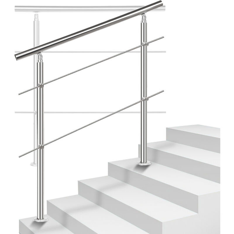 Rampe d'escalier acier inoxydable main courante balustrade Garde-corps argenté 160 cm 2 crossbars