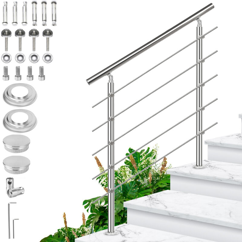 Tolletour - Rampe d'escalier en Acier Inoxydable, avec Anneau à Billes et 2 Poteaux, pour Escalier Balcon Terrasse - 150cm, avec 5 Crossbar