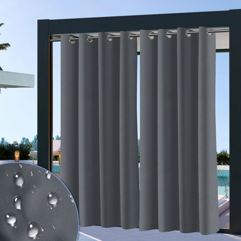 Tolletour - Rideau Extérieur et Intérieur opaques avec œillets, jardin patio balcon étanche 132 x 274cm Gris foncé 2 Panneaux