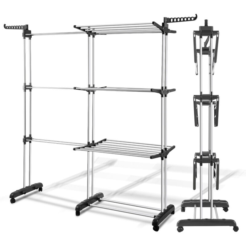 Séchoir à linge 4 niveaux H.170cm 2 en 1 Étendoir Linge Intérieur avec Ailes Latérales Gris pliable & télescopique - Tolletour