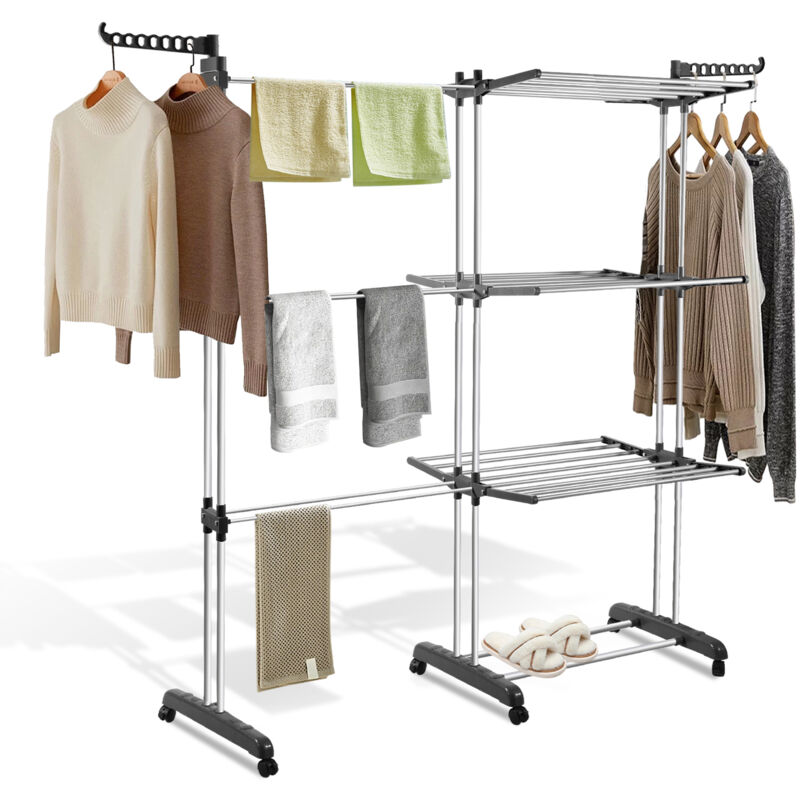 Séchoir à linge pliable ailes latérales sur 4 niveaux H.170cm Gris réglables barre télescopique avec roulettes - Tolletour