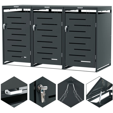 TolleTour Set 3 armadi copri bidone rifiuti acciaio inox per bidoni 120L e 240L, mobile da giardino resistente alle intemperie