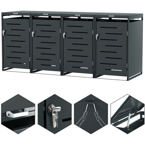 TolleTour Set 4 armadi copri bidone rifiuti acciaio inox per bidoni 120L e 240L, mobile da giardino resistente alle intemperie