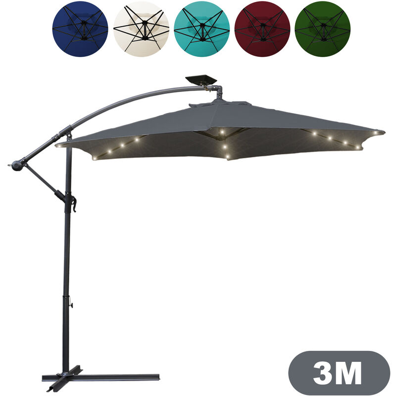 Hengda Parasol avec led, parasol ampli ø 300 cm, protection solaire, protection uv jusqu'à upf 30+, ouverture et fermeture facile, gris