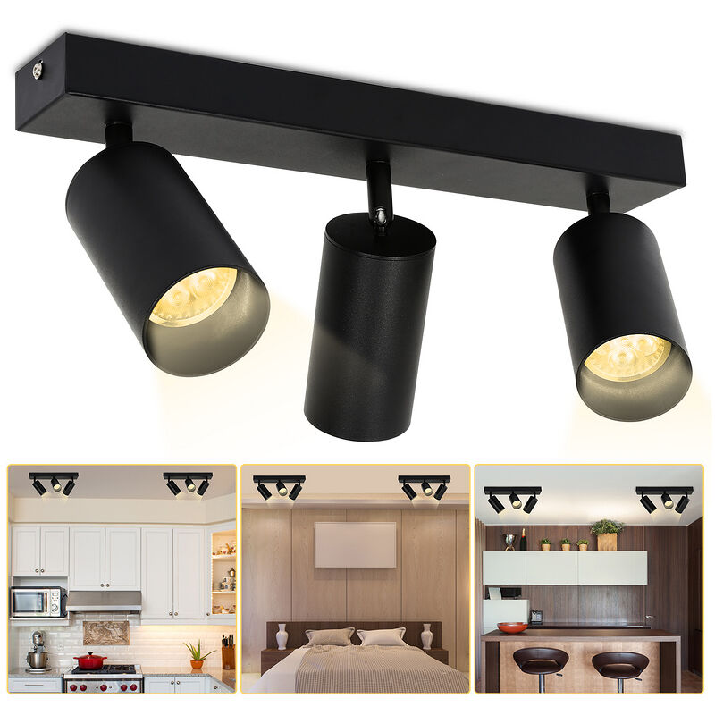 Spot de plafond Plafonnier led tournante pivotante GU10 métal lustre plafond noir Lampe à 3 flammes - Tolletour