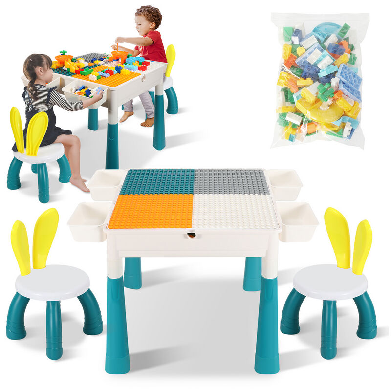 Table d'activités pour enfants avec 2 chaises ,251 pièces de briques double face Table d'activités multifonctionnelle Set pour enfants 3-10 ans