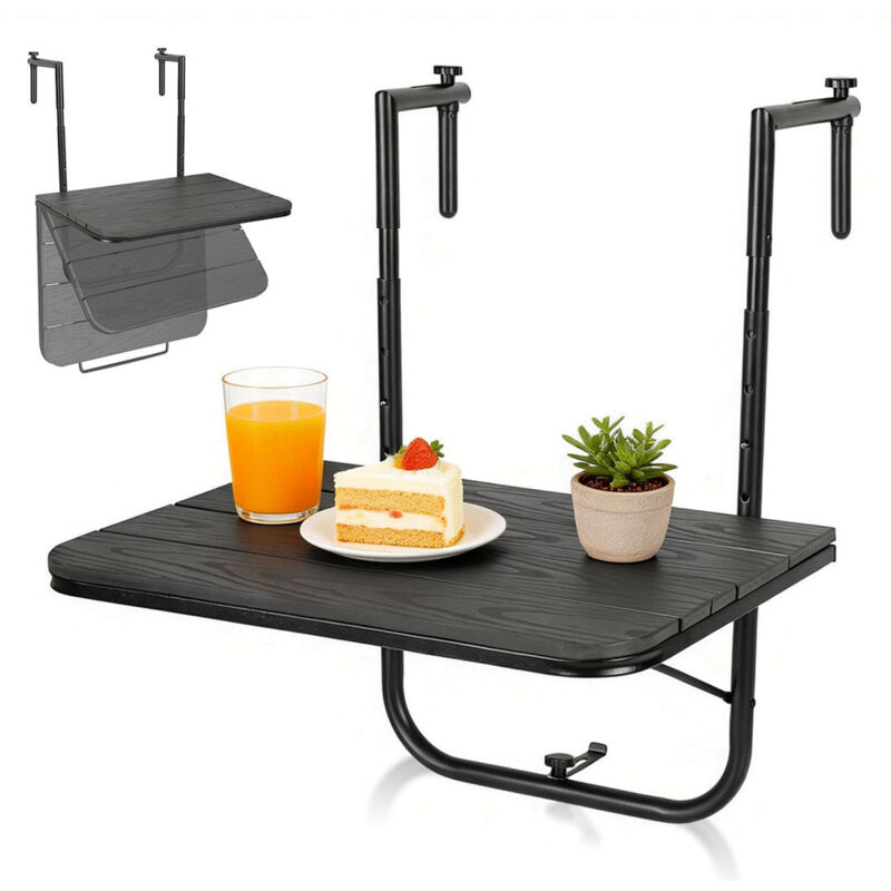 TolleTour Table de balcon suspendue pliable, hauteur réglable 4 niveaux, charge 40 kg, plateau effet bois