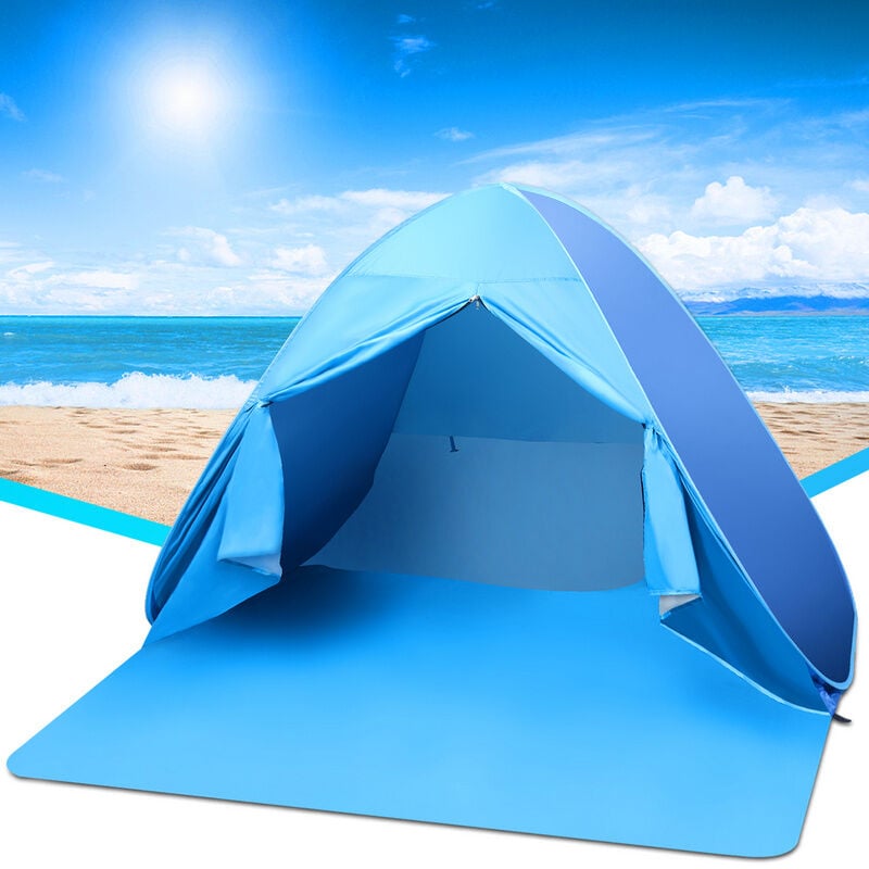 Tente de plage 2 ou 3 Personnes pop-up, Protection uv 50+ portable Extérieur Famille Extérieur Bleu 200x165x130cm avec rideau - Tolletour