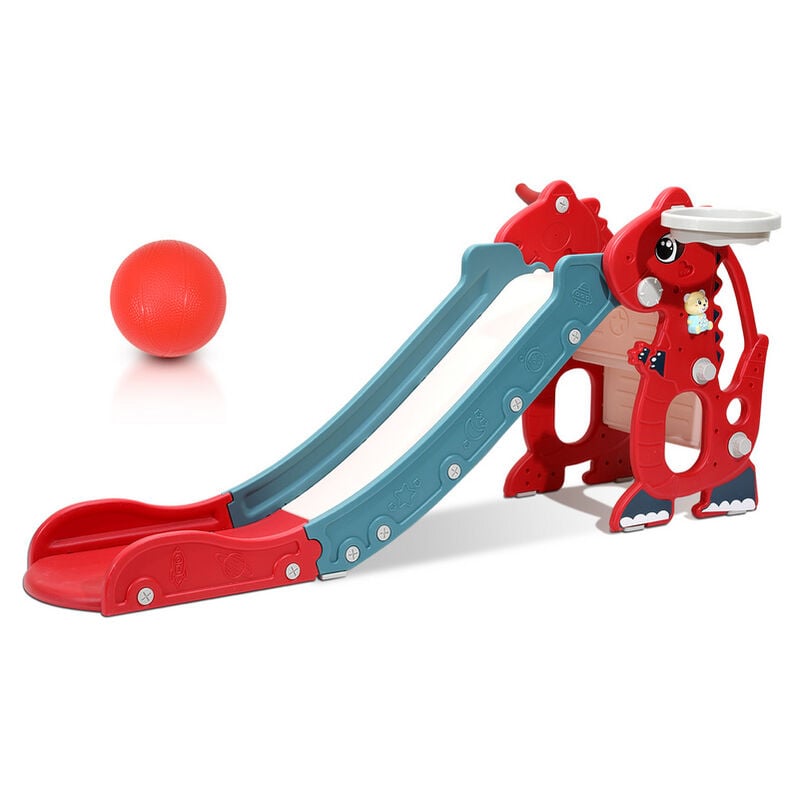 Tolletour - Toboggan pour enfants Toboggan de jardin 4 en 1 avec panier de basket Anneau de lancer Apprentissage de l'anglais rouge