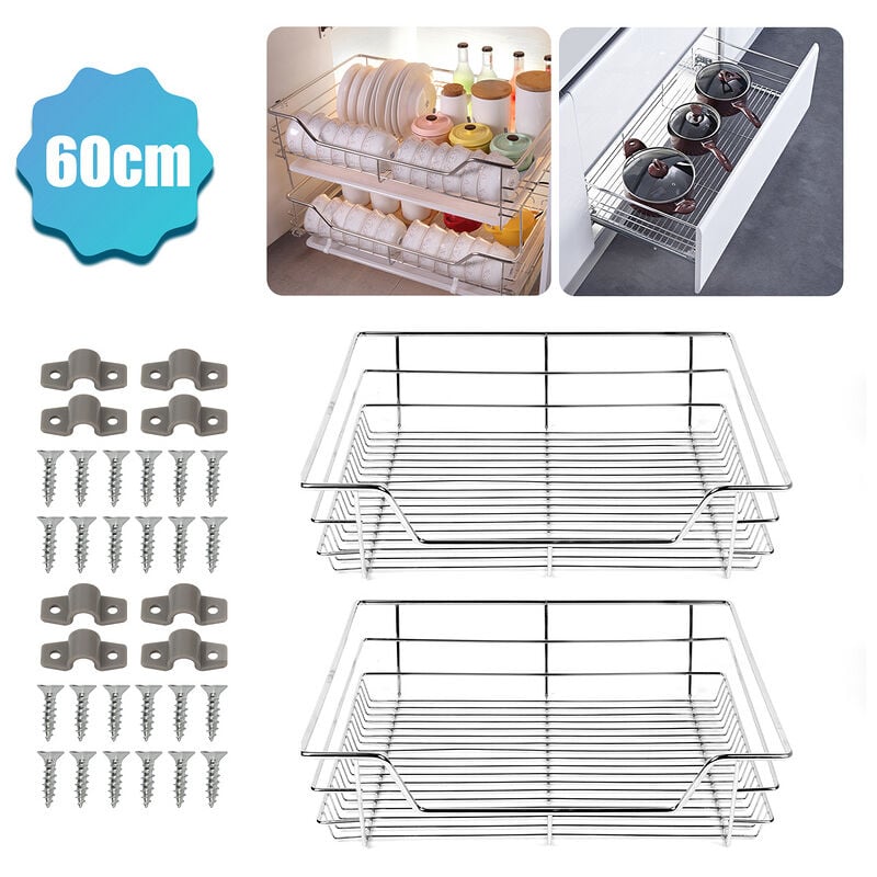 Tolletour - 2x 60cm tiroir de cuisine placard coulissant tiroir télescopique cuisine étagère panier coulissant