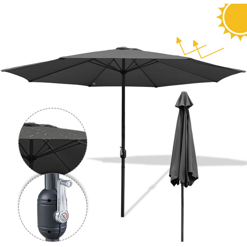 TolleTour Parasol droit d’Extérieur 3.5m - mât central en aluminium orientable et manivelle d'ouverture, Gris