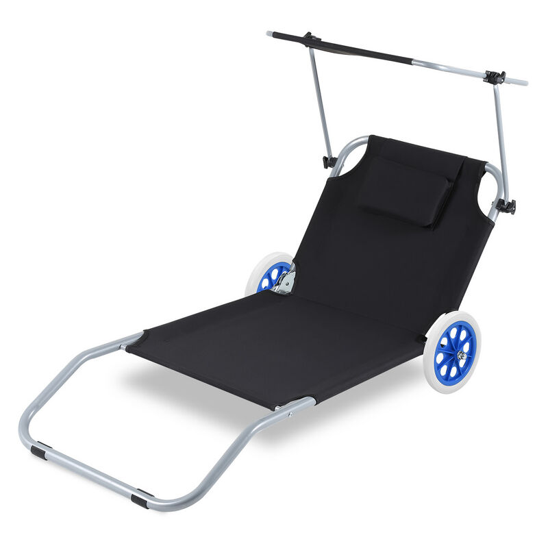 Chaise longue de jardin. Chaise de plage. Chaise longue pliable. jusqu'à 100 kg. avec 2 roues. oreiller 150x60x27cm-Noir - Tolletour