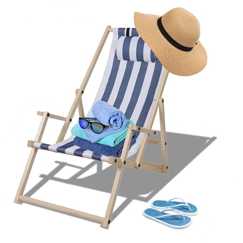 Chaise longue de plage avec mains courantes en bois Chaise de camping pliable Chaise longue 120kg pliable bleu blanc - Tolletour