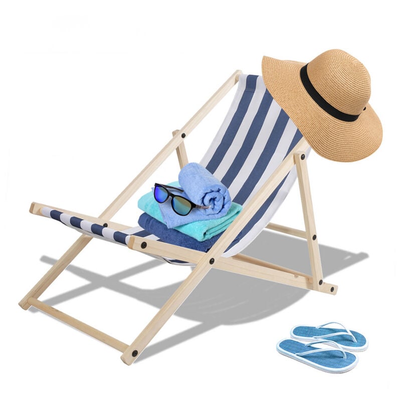 Chaise longue de plage en bois Chaise de camping pliable Chaise longue 120kg pliable bleu blanc - Tolletour