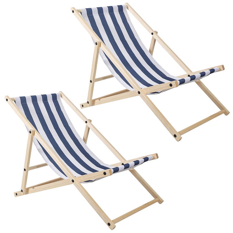 Chaise longue Relax chaise solaire 120kg Chair Chaise confortable pliable en bois bleu blanc 2 pièces - Tolletour
