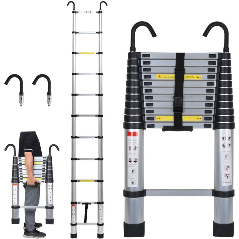 Chelle télescopique avec échelle à rallonge à crochet jusqu'à 150 kg escabeau stable en aluminium argenté 3.2 m - Tolletour