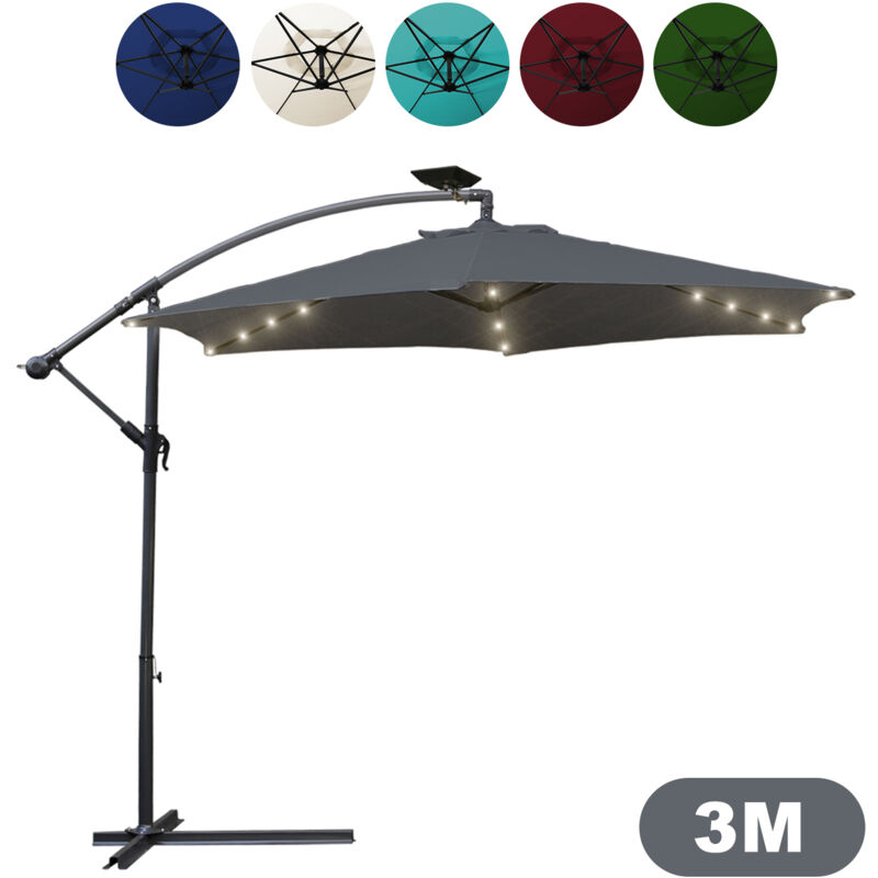 Parasol avec led 300 cm Parasol de jardin Parasol de balcon rond fonction d'inclinaison hydrofuge pivotant à 360° Gris - Tolletour