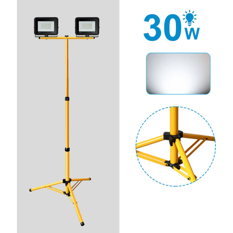 Projecteur de chantier led avec trépied IP66 Jardin Projecteur led extérieur Spot 2X30W Blanc Froid - Tolletour