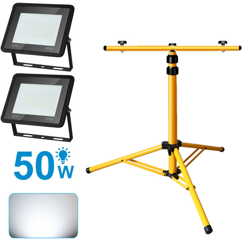 Projecteur de chantier led avec trépied IP66 Jardin Projecteur led extérieur Spot 2X50W Blanc Froid - Tolletour