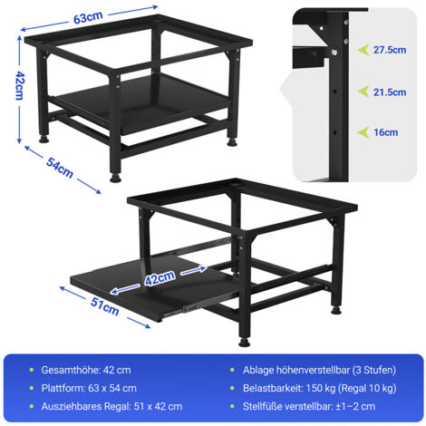 TolleTour Waschmaschinen Untergestell Schwarz Unterbausockel 63x54x42cm