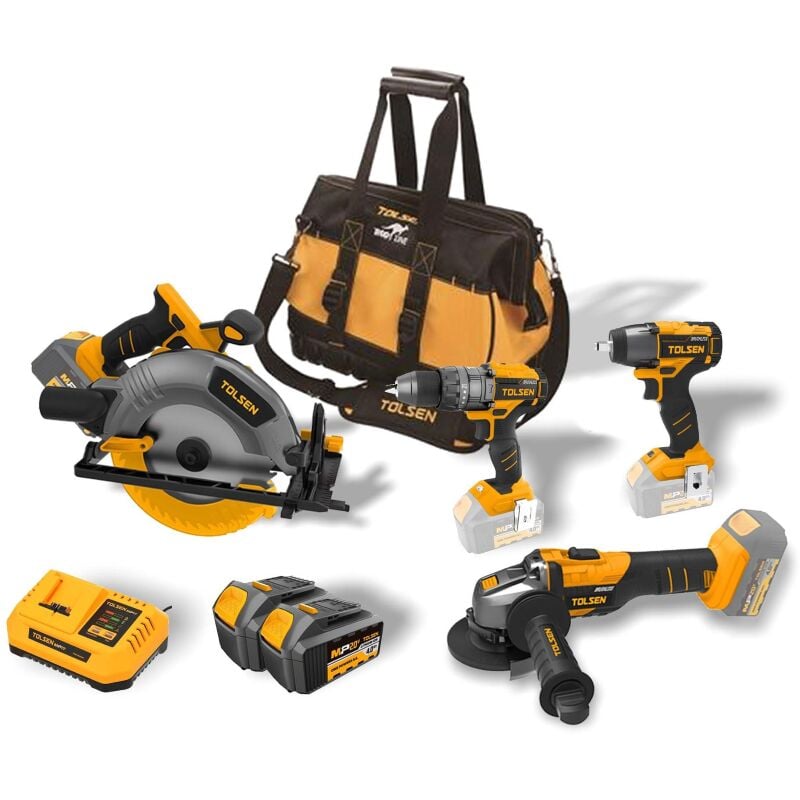Tolsen - Ensemble de 4 machines Tools e'lectriques se'rie MP20 sans balais moteur Brushless+ 2 piles 4 Ah + 1 chargeurs 4 Ah