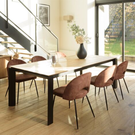 TOM - Lot de 2 chaises dossier ouvert tissu velours marron pieds noir