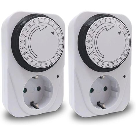 Toma de corriente con temporizador mecánico de 24 horas, conmutación cada 15 minutos, interruptor de encendido/apagado, 230 V 16 A, color blanco, 2 piezas