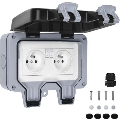 Toma de corriente exterior  de una pieza, impermeable, IP66 (doble toma con interruptor gris)