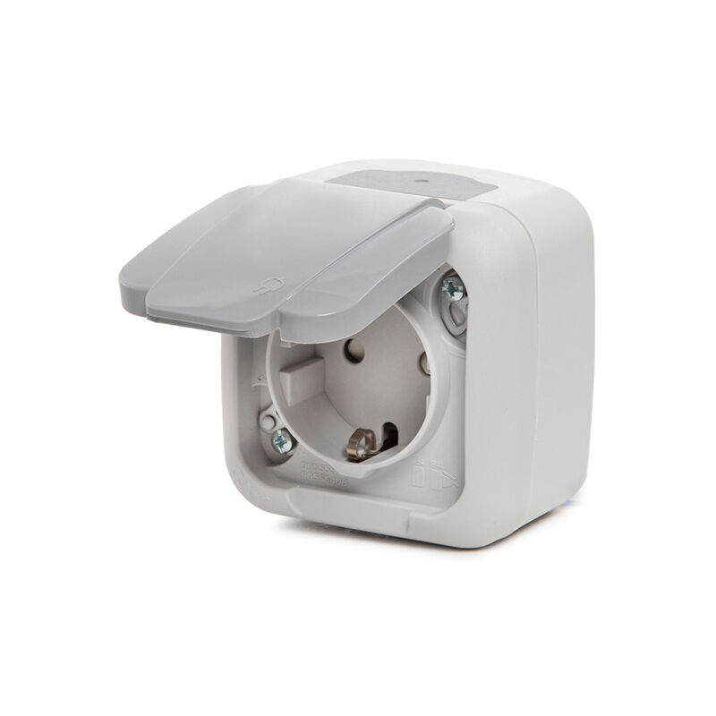 

Toma de Corriente - Tierra Lateral - 16A 250V- Protección Infantil- Tapa - IP54 Gris (GH-90555508-SP)