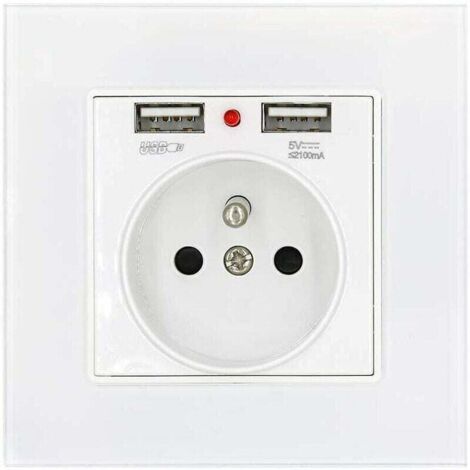 Toma de corriente Ulisem con panel de vidrio, estándar francés, con indicador de carga USB dual de 2,1 A, 16 A, 250 V, empotrada, color blanco