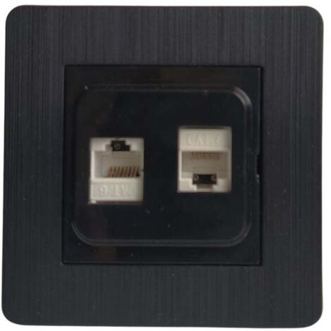 Toma Doble RJ45 CAT6 Empotrable Negro Brillante con Marco Rayado – Serie Selene