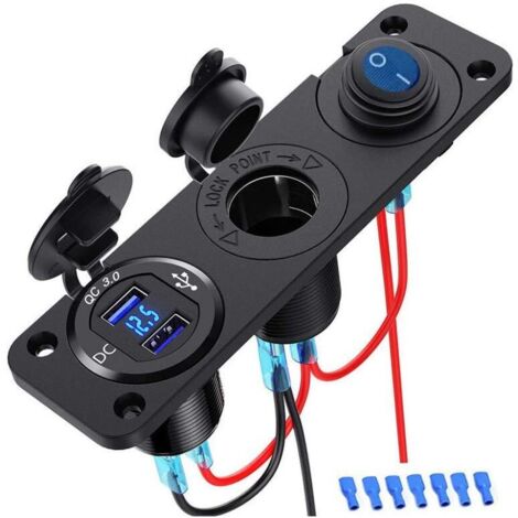 Toma USB 12 V QC 3.0, interruptor pulsador impermeable 3 en 1 con voltímetro LED, interruptor de encendido/apagado, adaptador para encendedor de cigarrillos para camión, barco, autocaravana