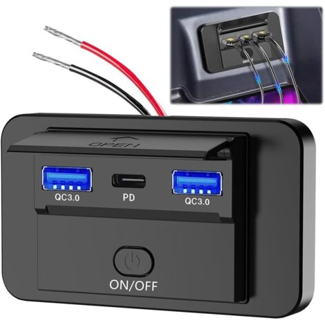 Toma USB de 12 V, doble QC3.0 USB y PD3.0 tipo C para coche con interruptor impermeable, cargador USB para coche de 12 V/24 V, para coches, barcos, autocaravanas, autobuses y motocicletas.