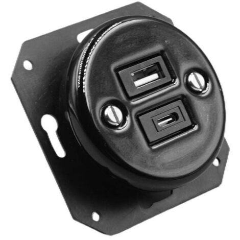 Toma USB Empotrar Porcelana Negra Tipo A + Tipo C 2.4A 12W