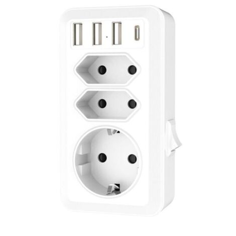 Toma USB, regleta 7 en 1 con 3 puertos USB y 1 puerto Tipo C, adaptador de regleta de 3 vías con cargador USB (2 tomas europeas y 1 Schuko) para teléfono y ordenador.