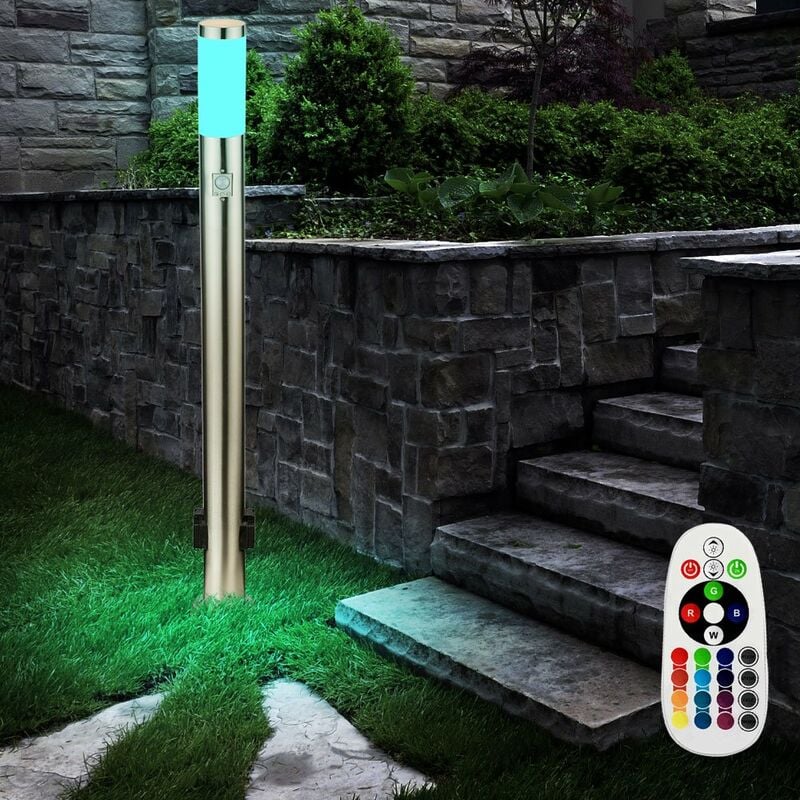 

Zócalos de sensor de movimiento de control remoto de acero inoxidable para lámpara de exterior en un juego que incluye bombillas LED RGB
