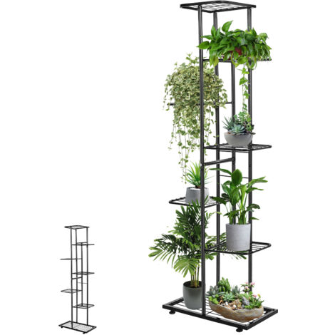 Tominio-Étagère à fleurs pliable à plusieurs niveaux pour salon et intérieur - étagère sur pied, noire (version épaisse, 7 niveaux, 8 pots, hauteur 126 cm)