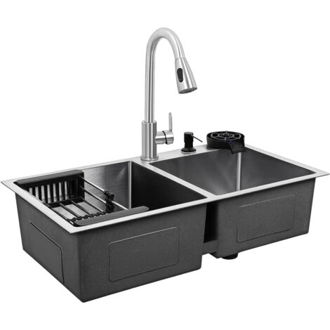 Tominio-Évier de cuisine Évier à Encastrer Moderne, Evier Sous Plan en granit Double bac argent