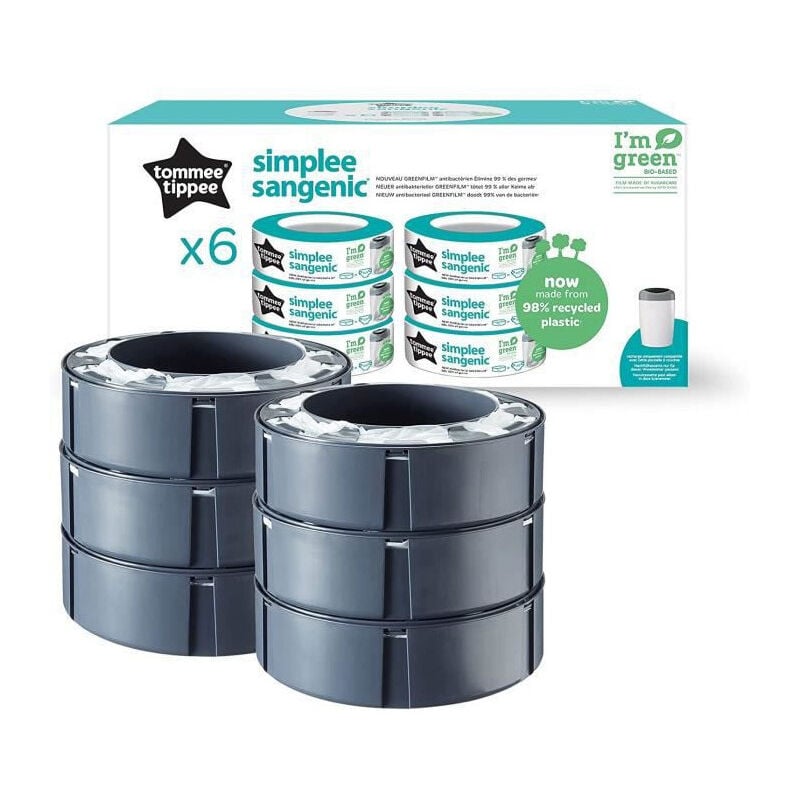 TOMMEE TIPPEE Lot de 6 Recharges de Poubelle a Couches pour Simplee Sangenic, Protection Anti-Odeur et Anti-Germe