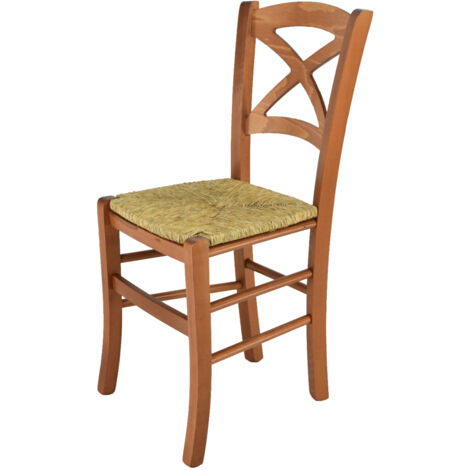 Tommychairs - Sedia modello Cross per cucina, bar e sala da pranzo, robusta struttura in legno di faggio color ciliegio e seduta in paglia