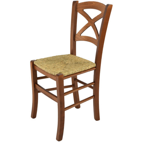 Tommychairs - Sedia modello Cross per cucina, bar e sala da pranzo, robusta struttura in legno di faggio color noce chiaro e seduta in paglia